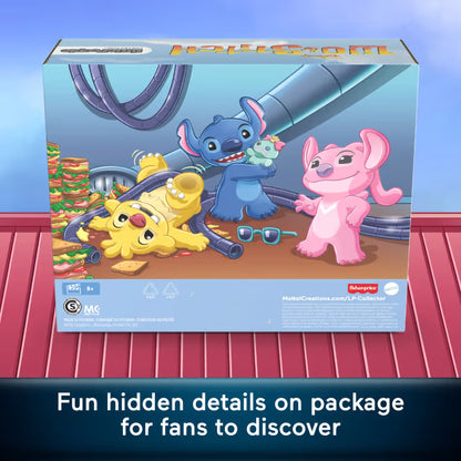 Little People Collector Disney Stitch & The Cousins figure set featuring Stitch, Angel, and Reuben inside a colorful display box with hidden details.