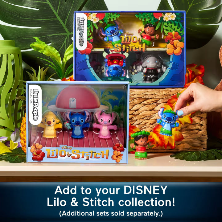 Little People Collector Disney Stitch & The Cousins figure set featuring Stitch, Angel, and Reuben inside a colorful display box with hidden details.