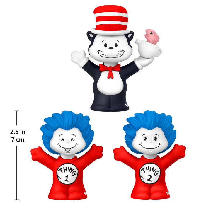 Three Dr. Seuss character figurines on a white background: a Cat in the Hat figure at the top holding a pink bird, and two smaller Thing 1 and Thing 2 figures at the bottom with a 2.