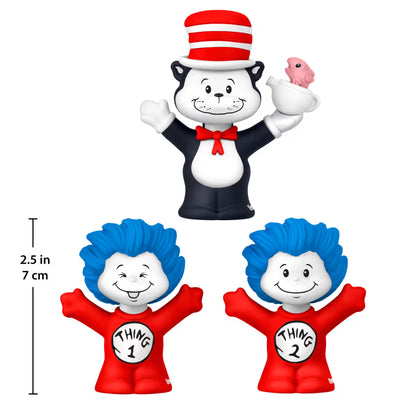 Three Dr. Seuss character figurines on a white background: a Cat in the Hat figure at the top holding a pink bird, and two smaller Thing 1 and Thing 2 figures at the bottom with a 2.