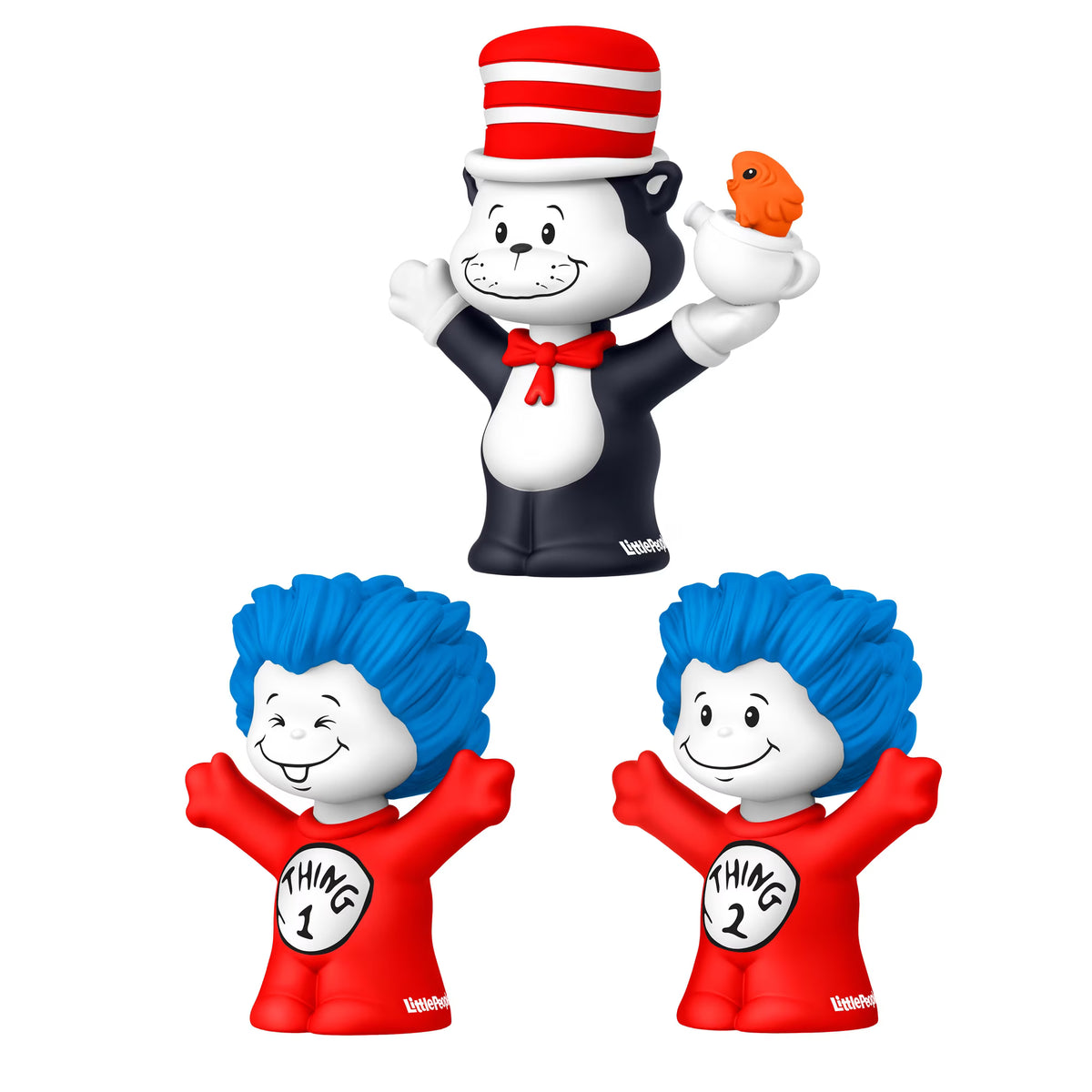 Little People Collector Dr. Seuss The Cat in the Hat figure set featuring the Cat holding a fish in a teapot, Thing One, and Thing Two in a display box.