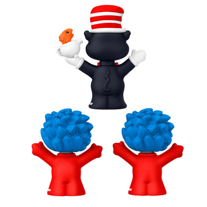Little People Collector Dr. Seuss The Cat in the Hat figure set featuring the Cat holding a fish in a teapot, Thing One, and Thing Two in a display box.