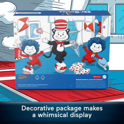 A Dr. Seuss-themed Mattel LP Collector box displayed on a red carpet against a cartoon-style blue background.