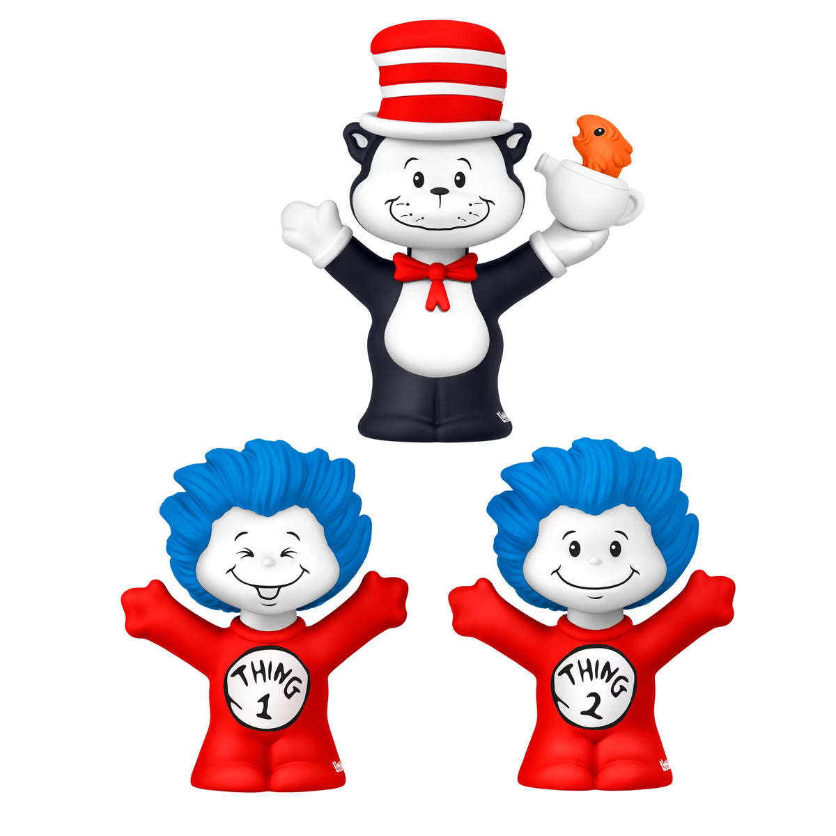 Little People Collector Dr. Seuss The Cat in the Hat figure set featuring the Cat holding a fish in a teapot, Thing One, and Thing Two in a display box.