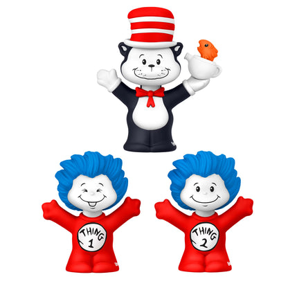 Little People Collector Dr. Seuss The Cat in the Hat figure set featuring the Cat holding a fish in a teapot, Thing One, and Thing Two in a display box.