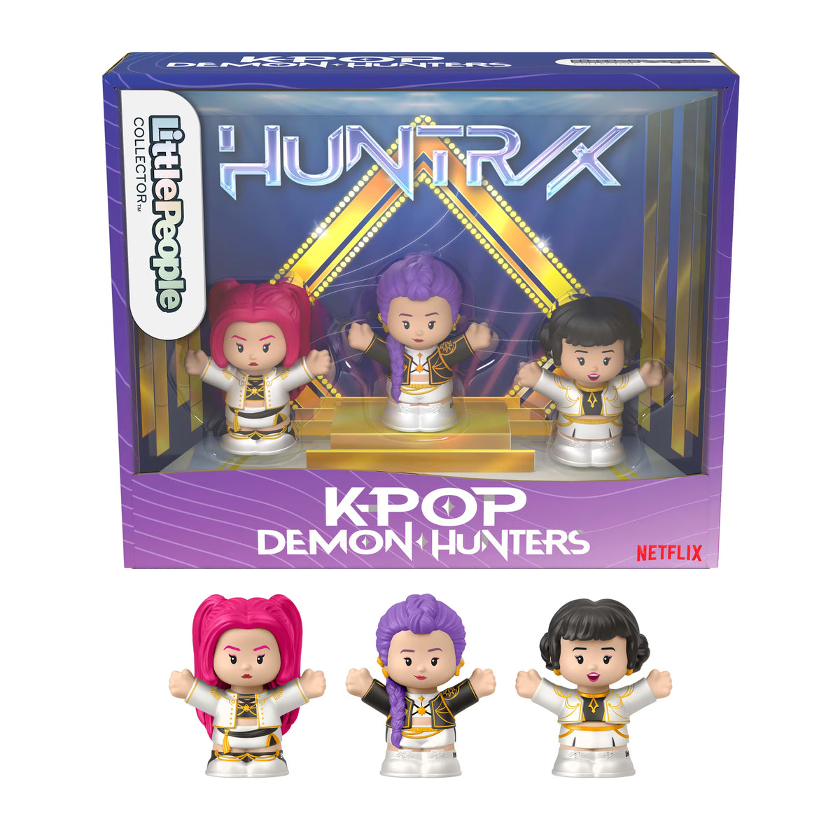 Little People Collector KPop Demon Hunters HUNTR/X figure set featuring Rumi, Mira, and Zoey in their signature performance outfits inside a decorative display box.