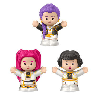 Little People Collector KPop Demon Hunters HUNTR/X figure set featuring Rumi, Mira, and Zoey in their signature performance outfits inside a decorative display box.