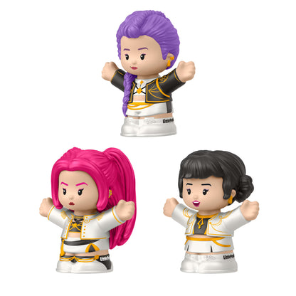 Little People Collector KPop Demon Hunters HUNTR/X figure set featuring Rumi, Mira, and Zoey in their signature performance outfits inside a decorative display box.