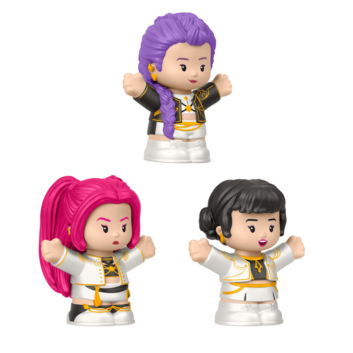 Little People Collector KPop Demon Hunters HUNTR/X figure set featuring Rumi, Mira, and Zoey in their signature performance outfits inside a decorative display box.