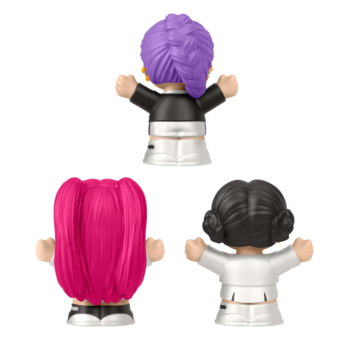 Little People Collector KPop Demon Hunters HUNTR/X figure set featuring Rumi, Mira, and Zoey in their signature performance outfits inside a decorative display box.