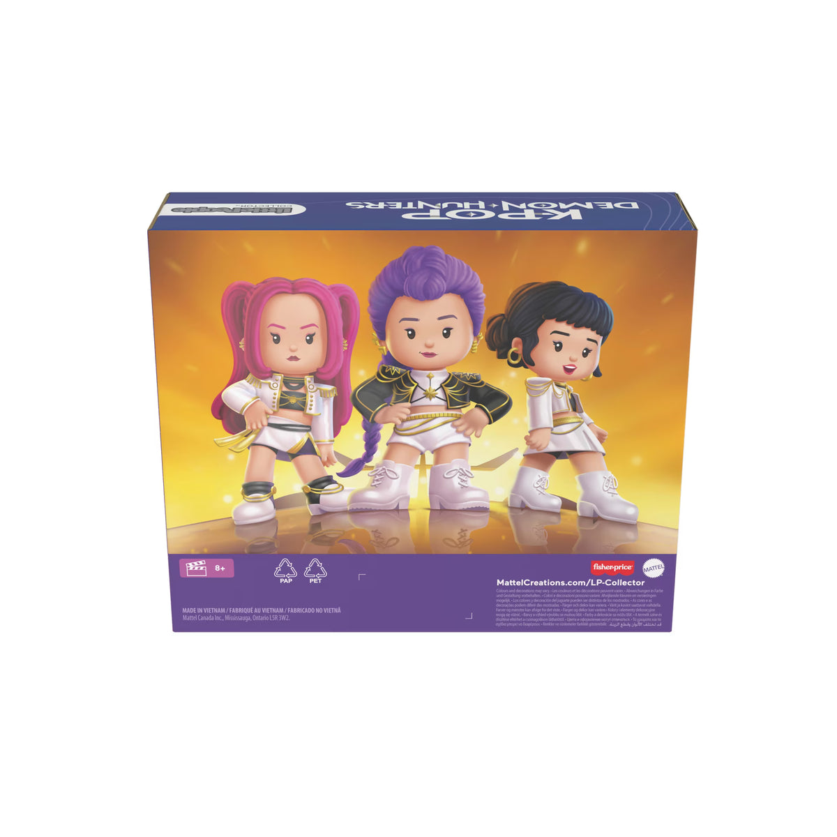 Little People Collector KPop Demon Hunters HUNTR/X figure set featuring Rumi, Mira, and Zoey in their signature performance outfits inside a decorative display box.