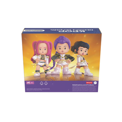 Little People Collector KPop Demon Hunters HUNTR/X figure set featuring Rumi, Mira, and Zoey in their signature performance outfits inside a decorative display box.
