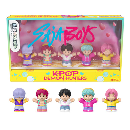 Little People Collector KPop Demon Hunters Saja Boys figure set featuring Jinu, Abby, Baby, Romance, and Mystery in a decorative window display box.