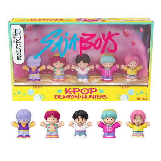 Little People Collector KPop Demon Hunters Saja Boys figure set featuring Jinu, Abby, Baby, Romance, and Mystery in a decorative window display box.