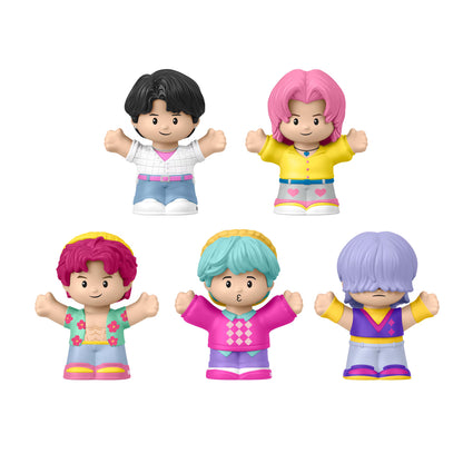 Little People Collector KPop Demon Hunters Saja Boys figure set featuring Jinu, Abby, Baby, Romance, and Mystery in a decorative window display box.