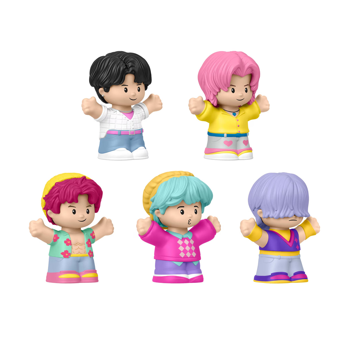 Little People Collector KPop Demon Hunters Saja Boys figure set featuring Jinu, Abby, Baby, Romance, and Mystery in a decorative window display box.
