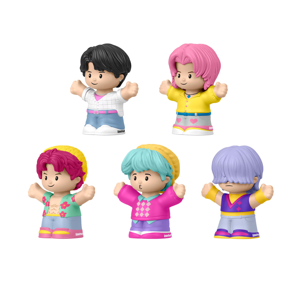 Little People Collector KPop Demon Hunters Saja Boys figure set featuring Jinu, Abby, Baby, Romance, and Mystery in a decorative window display box.