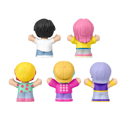 Little People Collector KPop Demon Hunters Saja Boys figure set featuring Jinu, Abby, Baby, Romance, and Mystery in a decorative window display box.