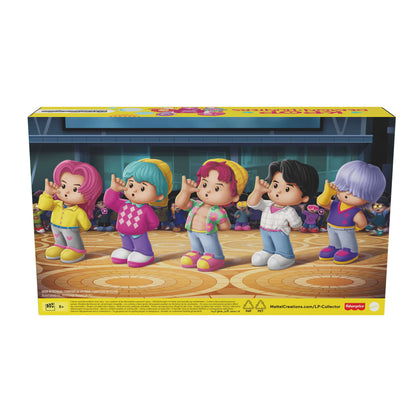 Little People Collector KPop Demon Hunters Saja Boys figure set featuring Jinu, Abby, Baby, Romance, and Mystery in a decorative window display box.