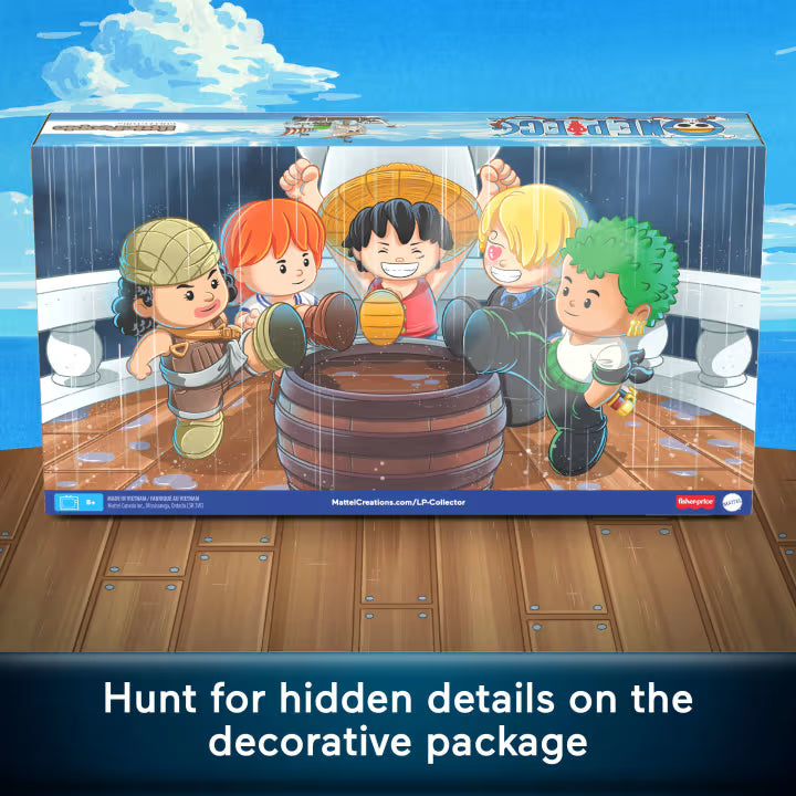 Little People Collector ONE PIECE special edition figure set featuring Luffy, Zoro, Nami, Usopp, and Sanji in a Going Merry window box.
