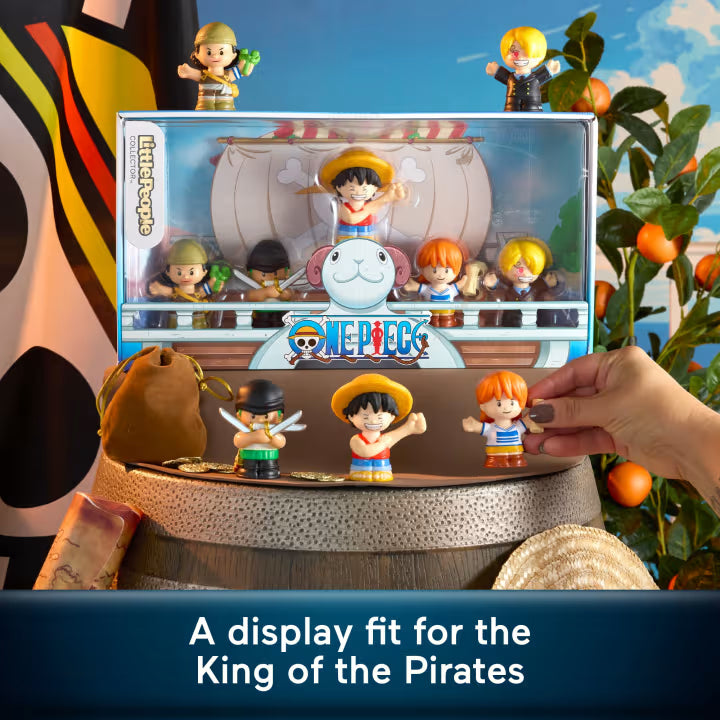 Little People Collector ONE PIECE special edition figure set featuring Luffy, Zoro, Nami, Usopp, and Sanji in a Going Merry window box.