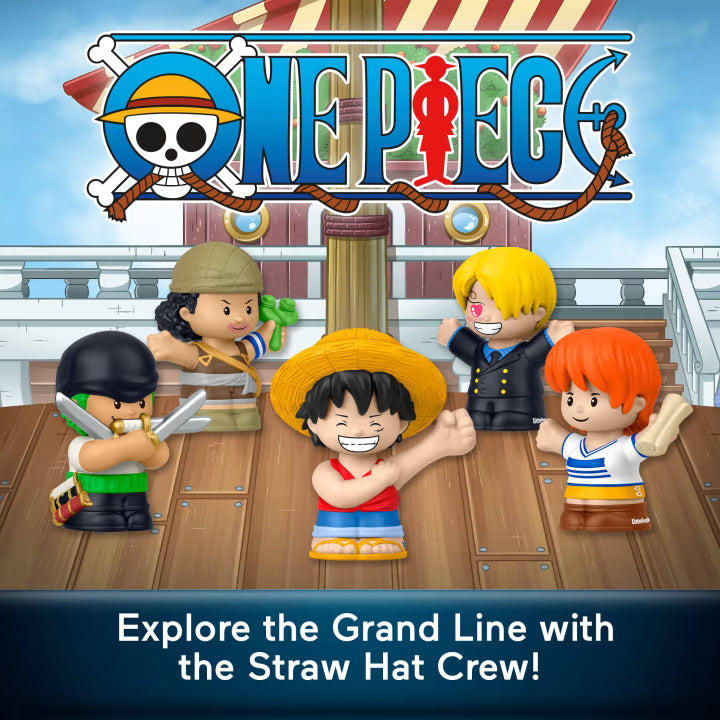 Little People Collector ONE PIECE special edition figure set featuring Luffy, Zoro, Nami, Usopp, and Sanji in a Going Merry window box.