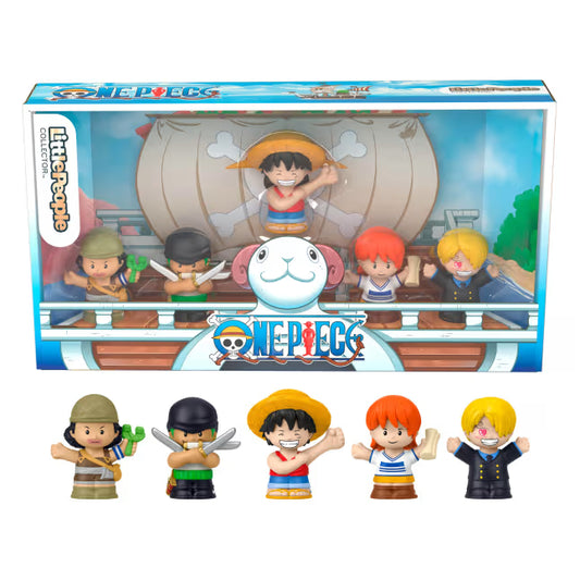 Little People Collector ONE PIECE special edition figure set featuring Luffy, Zoro, Nami, Usopp, and Sanji in a Going Merry window box.