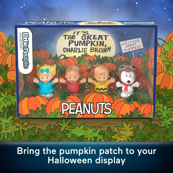 A boxed Peanuts Halloween display set featuring four character figurines in front of a printed pumpkin patch scene. The box reads 'It's the Great Pumpkin, Charlie Brown' and 'Peanuts,' with a blue border and a dark blue background.