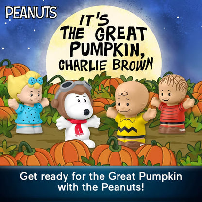 Peanuts 'It's the Great Pumpkin, Charlie Brown' themed graphic featuring cartoon characters in a pumpkin field at night, with a large moon and the title text.