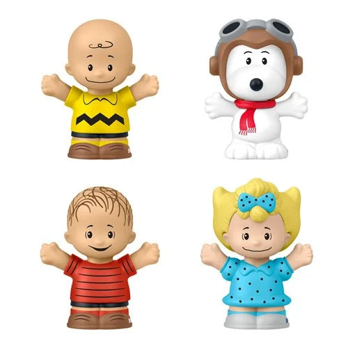 Four small figurines of cartoon characters on a white background