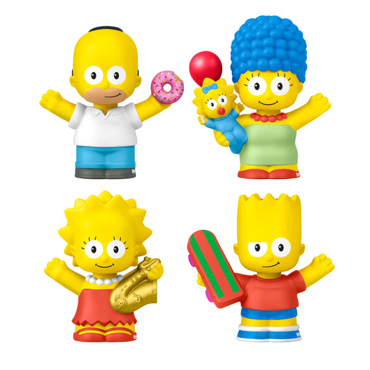 Little People Collector The Simpsons figure set featuring Homer with a donut, Marge holding Maggie, Bart with a skateboard, and Lisa with a saxophone.