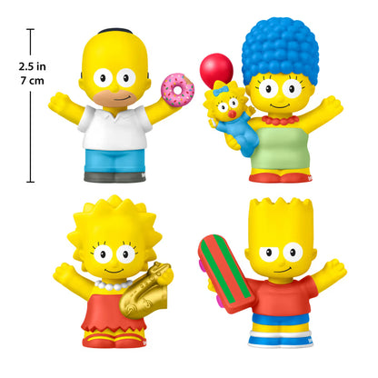 Four colorful figurines of The Simpsons family with size measurement label.