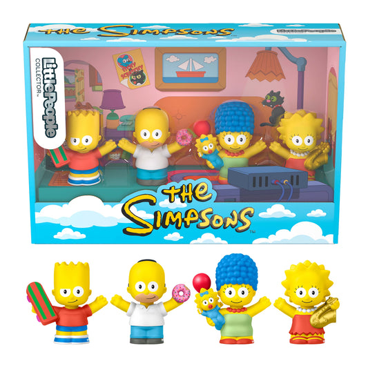 Little People Collector The Simpsons figure set featuring Homer with a donut, Marge holding Maggie, Bart with a skateboard, and Lisa with a saxophone.