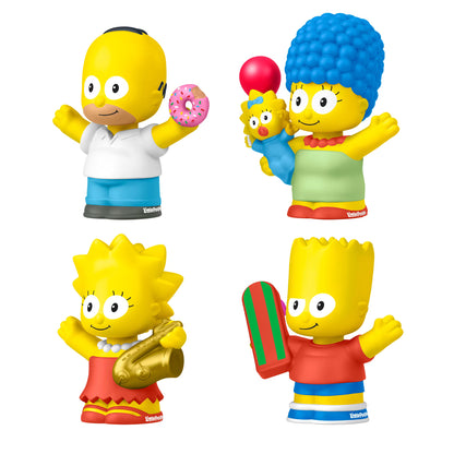 Little People Collector The Simpsons figure set featuring Homer with a donut, Marge holding Maggie, Bart with a skateboard, and Lisa with a saxophone.