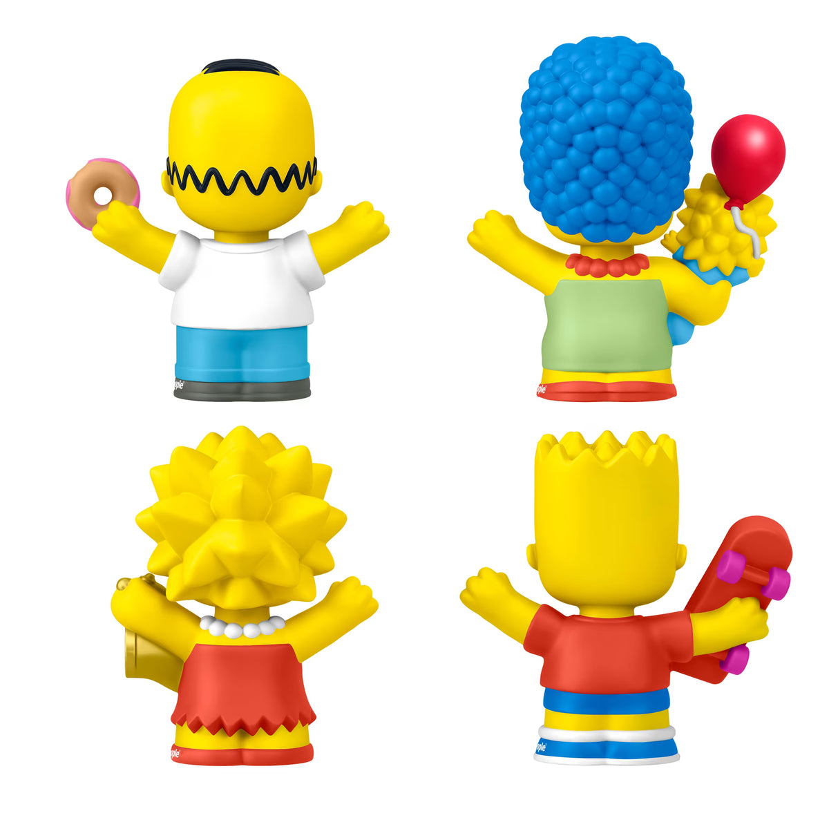 Little People Collector The Simpsons figure set featuring Homer with a donut, Marge holding Maggie, Bart with a skateboard, and Lisa with a saxophone.