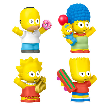 Little People Collector The Simpsons figure set featuring Homer with a donut, Marge holding Maggie, Bart with a skateboard, and Lisa with a saxophone.