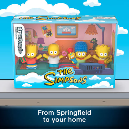 The Simpsons toy figure set in its original window box packaging, featuring Bart, Homer, Maggie, and Lisa Simpson with a cat on a shelf inside a colorful living room scene. The packaging has 'The Simpsons' and 'Matt Groening' branding.