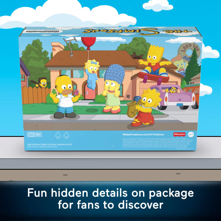 The Simpsons toy packaging with characters and a house on a blue background