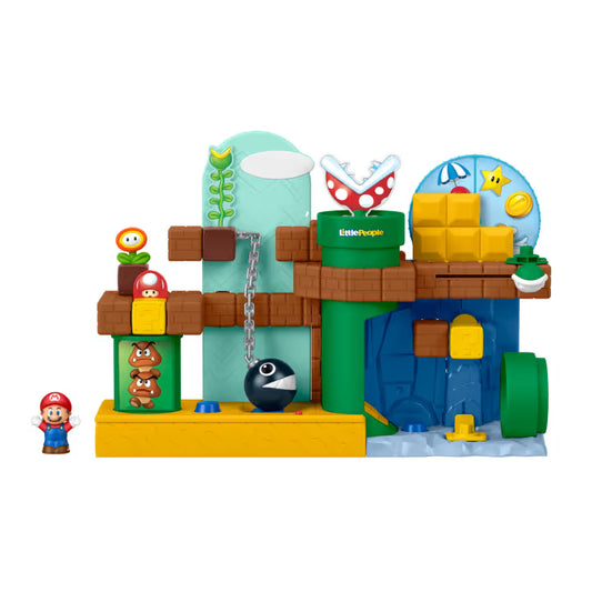 Little People My Mario Adventure Playset featuring a Mario figure, Fire Flower, Goomba pipe, Chain Chomp, and interactive moving parts.
