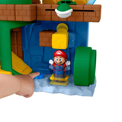 Little People My Mario Adventure Playset featuring a Mario figure, Fire Flower, Goomba pipe, Chain Chomp, and interactive moving parts.