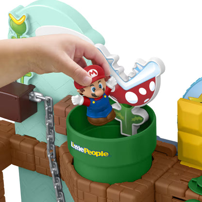 Little People My Mario Adventure Playset featuring a Mario figure, Fire Flower, Goomba pipe, Chain Chomp, and interactive moving parts.