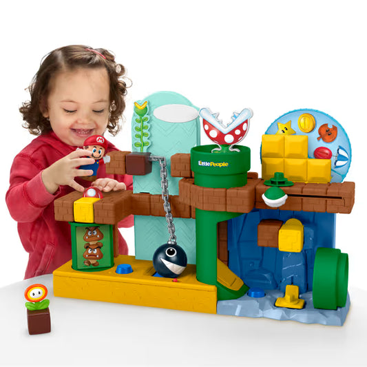 Little People My Mario Adventure Playset featuring a Mario figure, Fire Flower, Goomba pipe, Chain Chomp, and interactive moving parts.