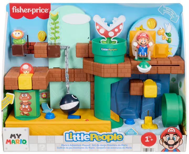 Little People My Mario Adventure Playset featuring a Mario figure, Fire Flower, Goomba pipe, Chain Chomp, and interactive moving parts.