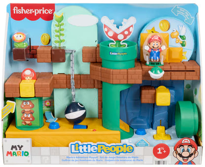 Little People My Mario Adventure Playset featuring a Mario figure, Fire Flower, Goomba pipe, Chain Chomp, and interactive moving parts.