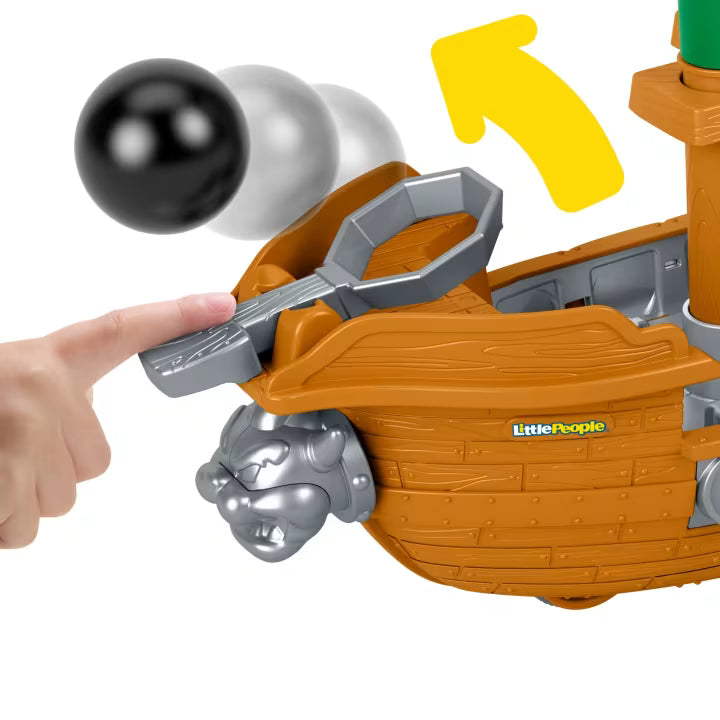 Little People Super Mario Bowser’s Airship playset featuring a toy boat with a cannonball launcher, Bowser figure, and spinning play features.