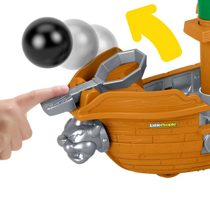 Little People Super Mario Bowser’s Airship playset featuring a toy boat with a cannonball launcher, Bowser figure, and spinning play features.