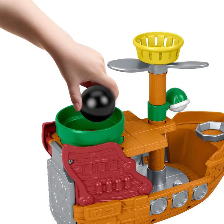 Little People Super Mario Bowser’s Airship playset featuring a toy boat with a cannonball launcher, Bowser figure, and spinning play features.
