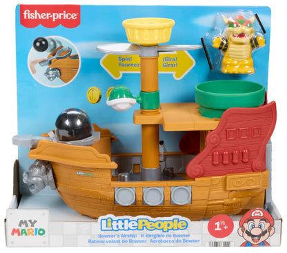 Little People Super Mario Bowser’s Airship playset featuring a toy boat with a cannonball launcher, Bowser figure, and spinning play features.