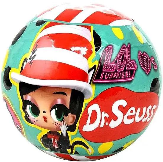 L.O.L. Surprise! Loves Dr. Seuss Tots mystery ball featuring characters like The Cat in the Hat, The Grinch, and Thing 1 and Thing 2.