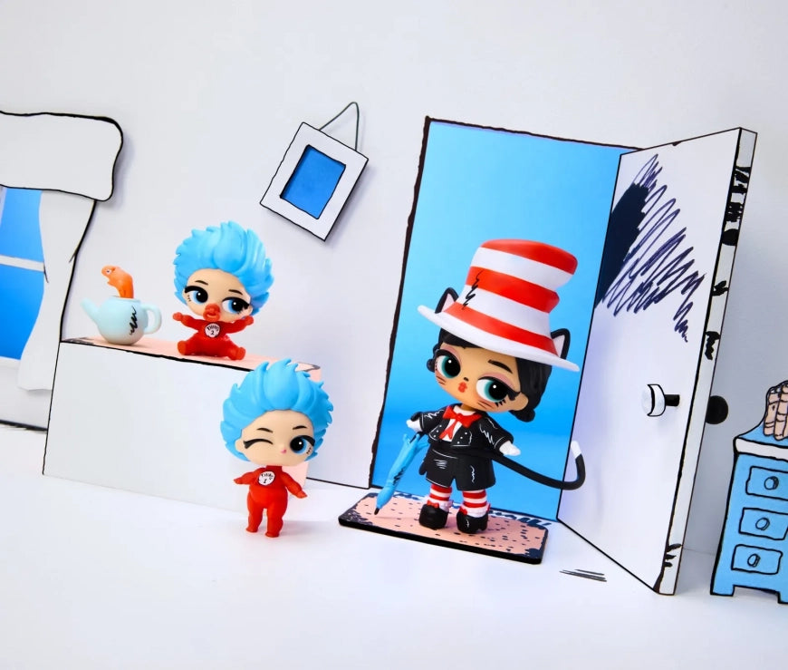 L.O.L. Surprise! Loves Dr. Seuss Tots mystery ball featuring characters like The Cat in the Hat, The Grinch, and Thing 1 and Thing 2.